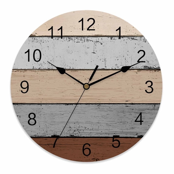 Wall Clock 12 Inch Farmhouse Rustic Wood Texture Round Silent Decorative Wall Clocks Battery Operated for Living Room Bedroom Kitchen Classroom Decor, Brown Grey,Large