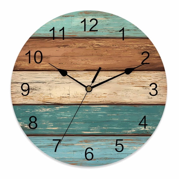 Wall Clock 12 Inch Farmhouse Rustic Wood Texture Round Silent Decorative Wall Clocks Battery Operated for Living Room Bedroom Kitchen Classroom Decor, Teal Brown,Large