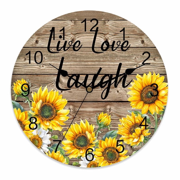 Wall Clock 12 Inch Farmhouse Sunflower Round Silent Decorative Wall Clocks Battery Operated for Living Room Bedroom Kitchen Classroom Decor, Live Love Lough Inspirational Quotes,Large