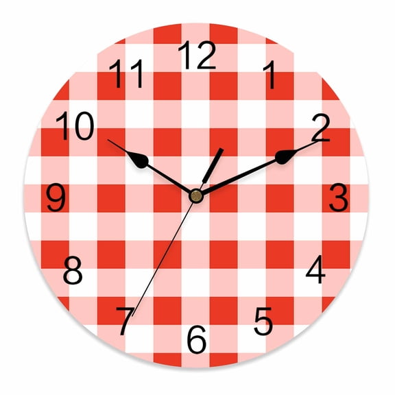 Wall Clock 12 Inch Farmhouse Vintage Round Silent Decorative Wall Clocks Battery Operated for Living Room Bedroom Kitchen Classroom Decor, Gingham Checkered Texture Tomato Red,Large