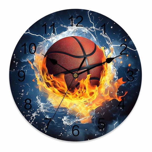Wall Clock 12 Inch Fire and Ice Basketball Sports Round Silent Decorative Wall Clocks Battery Operated for Living Room Bedroom Kitchen Classroom Decor, Blue,Large