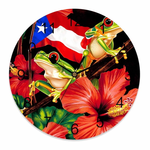 Wall Clock 12 Inch Frog Puerto Rico Flag Round Silent Decorative Wall Clocks Battery Operated for Living Room Bedroom Kitchen Classroom Decor, Hibiscus Flower,Large