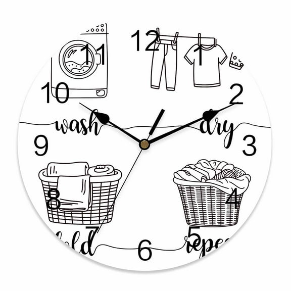 Wall Clock 12 Inch Funny Laundry Room Guide Round Silent Decorative Wall Clocks Battery Operated for Living Room Bedroom Kitchen Classroom Decor, Wash Dry Fold Repeat,Large