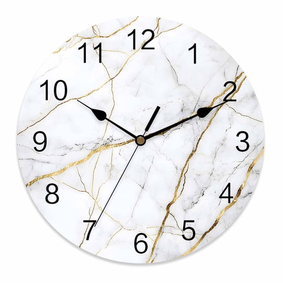 Wall Clock 12 Inch Gray White Gold Marble Texture Round Silent Decorative Wall Clocks Battery Operated for Living Room Bedroom Kitchen Classroom Decor, Abstract Lines,Large