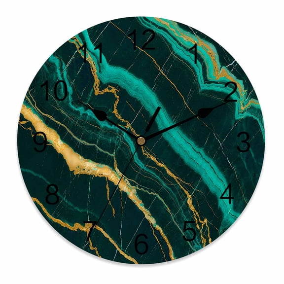Wall Clock 12 Inch Green Abstract Marble Texture Round Silent Decorative Wall Clocks Battery Operated for Living Room Bedroom Kitchen Classroom Decor, Gold Lines Cracks,Large