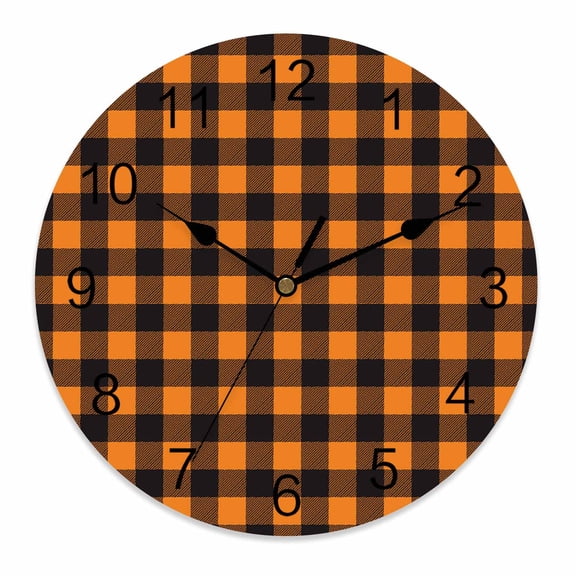 Wall Clock 12 Inch Halloween Buffalo Check Plaids Round Silent Decorative Wall Clocks Battery Operated for Living Room Bedroom Kitchen Classroom Decor, Orange and Black,Large