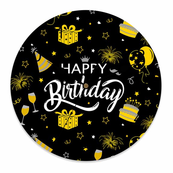 Wall Clock 12 Inch Happy Birthday Round Silent Decorative Wall Clocks Battery Operated for Living Room Bedroom Kitchen Classroom Decor, Cake Fireworks Black Gold,Large