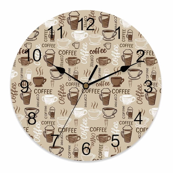 Wall Clock 12 Inch Khaki Coffee Cups Round Silent Decorative Wall Clocks Battery Operated for Living Room Bedroom Kitchen Classroom Decor, Coffee Lovers,Large