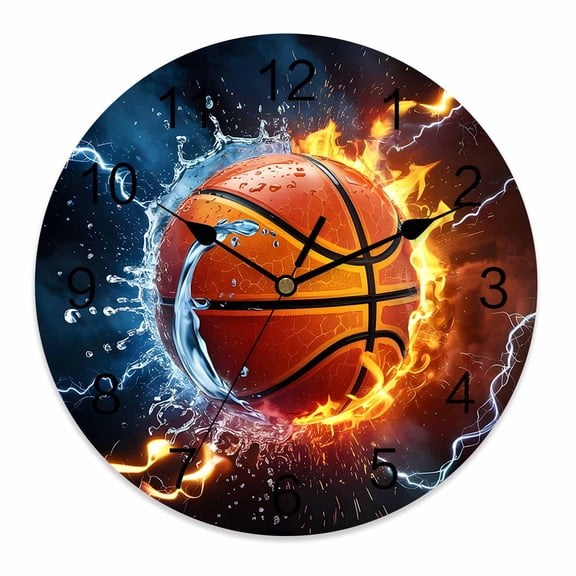 Wall Clock 12 Inch Lightning Basketball Round Silent Decorative Wall Clocks Battery Operated for Living Room Bedroom Kitchen Classroom Decor, Water And Fire,Large