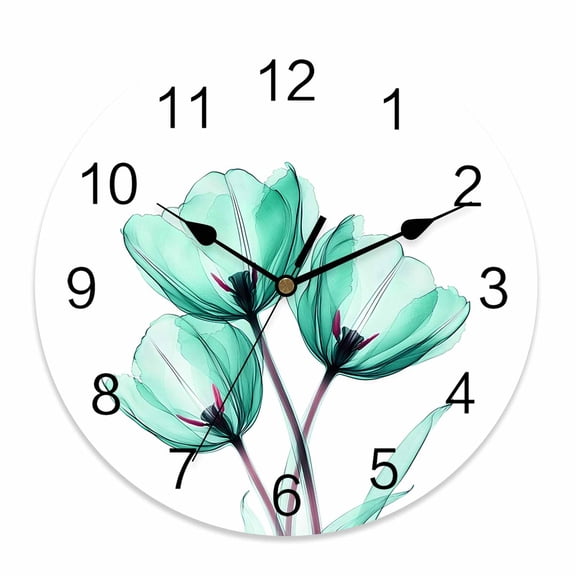 Wall Clock 12 Inch Modern Abstract Tulip Flower Round Silent Decorative Wall Clocks Battery Operated for Living Room Bedroom Kitchen Classroom Decor, Turquoise,Large