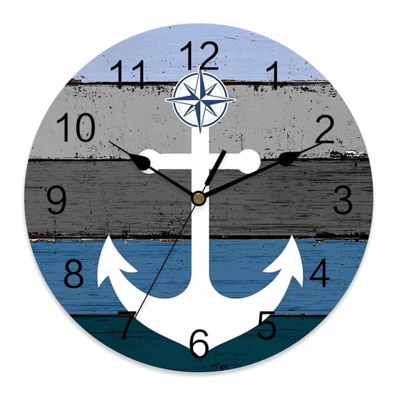 Wall Clock 12 Inch Nautical Anchor Round Silent Decorative Wall Clocks Battery Operated for Living Room Bedroom Kitchen Classroom Decor, Vintage Farmhouse Blue Wood Texture,Large