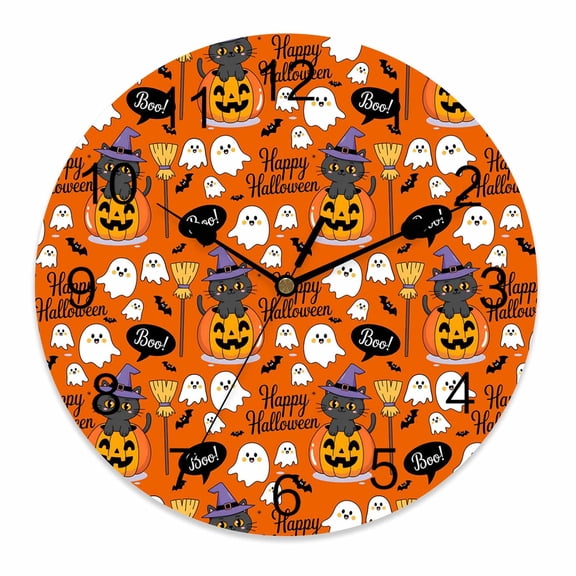 Wall Clock 12 Inch Orange Boo Ghost Halloween Round Silent Decorative Wall Clocks Battery Operated for Living Room Bedroom Kitchen Classroom Decor, Black Cat Pumpkin Broom Bats,Large