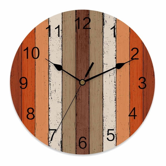 Wall Clock 12 Inch Orange Farmhouse Striped Round Silent Decorative Wall Clocks Battery Operated for Living Room Bedroom Kitchen Classroom Decor, Vintage Wood Texture Mottled,Large