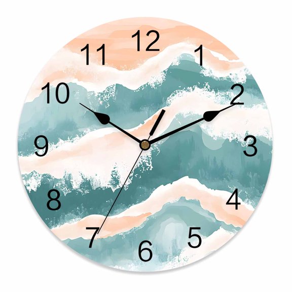 Wall Clock 12 Inch Pastel Teal Coral Round Silent Decorative Wall Clocks Battery Operated for Living Room Bedroom Kitchen Classroom Decor, Abstract Watercolor Wave Textured,Large