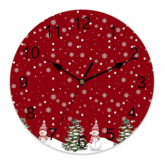 Wall Clock 12 Inch Red Winter Christmas Snowman Round Silent Decorative Wall Clocks Battery Operated for Living Room Bedroom Kitchen Classroom Decor, White Snowflakes Pattern,Large