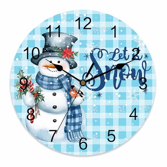 Wall Clock 12 Inch Snowman Christmas Round Silent Decorative Wall Clocks Battery Operated for Living Room Bedroom Kitchen Classroom Decor, Let It Snow Winter Holiday Blue White Buffalo Plaid,Large