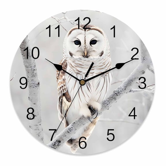 Wall Clock 12 Inch Snowy Owl Round Silent Decorative Wall Clocks Battery Operated for Living Room Bedroom Kitchen Classroom Decor, Winter Owl Animal,Large