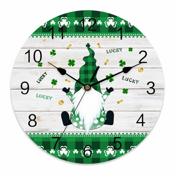 Wall Clock 12 Inch St. Patrick's Day Gnomes Clover Round Silent Decorative Wall Clocks Battery Operated for Living Room Bedroom Kitchen Classroom Decor, Irish Green Buffalo Check Plaid Clover,Large