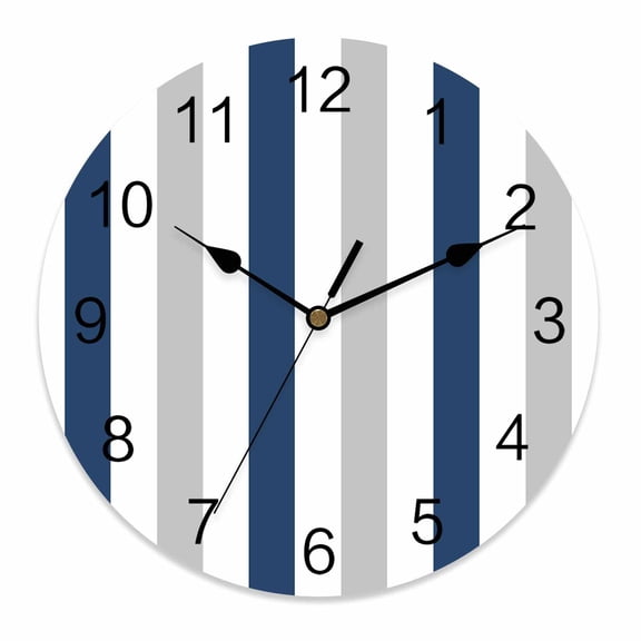 Wall Clock 12 Inch Striped Round Silent Decorative Wall Clocks Battery Operated for Living Room Bedroom Kitchen Classroom Decor, Navy Blue Gray White,Large