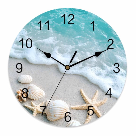Wall Clock 12 Inch Summer Coastal Round Silent Decorative Wall Clocks Battery Operated for Living Room Bedroom Kitchen Classroom Decor, Ocean Starfish Beach Shell Blue White,Large