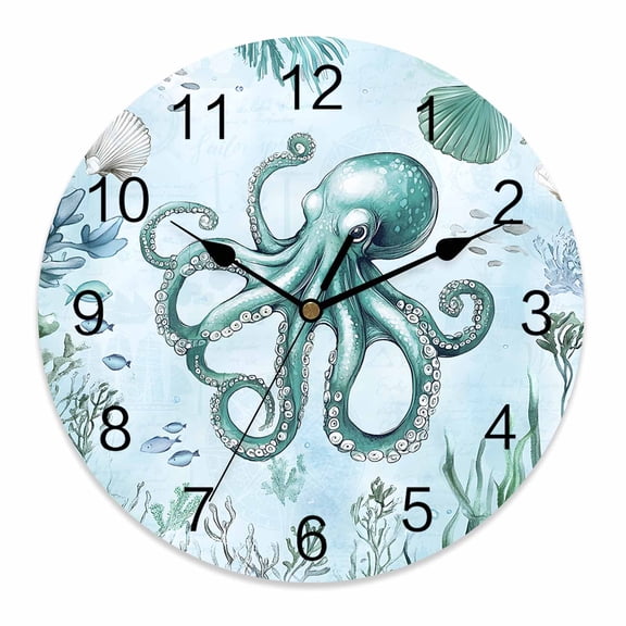 Wall Clock 12 Inch Summer Ocean Round Silent Decorative Wall Clocks Battery Operated for Living Room Bedroom Kitchen Classroom Decor, Coastal Octopus Shell Coral Turquoise,Large