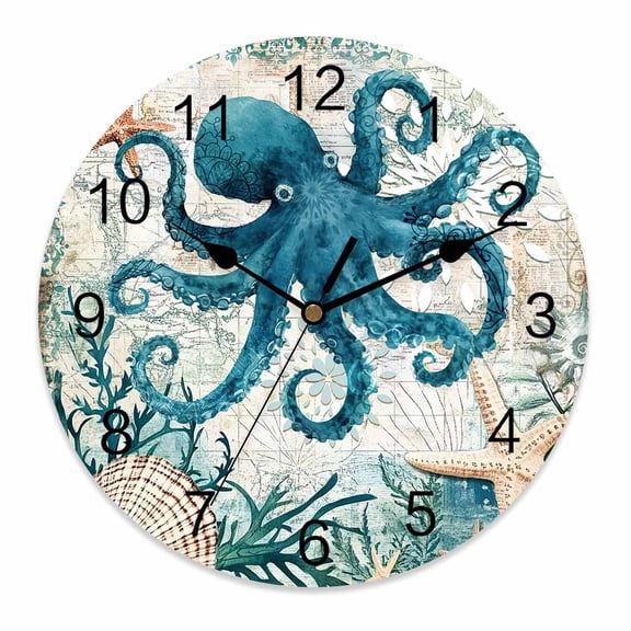 Wall Clock 12 Inch Teal Coastal Octopus Round Silent Decorative Wall Clocks Battery Operated for Living Room Bedroom Kitchen Classroom Decor, Ocean Starfish Shell Nautical Map,Large