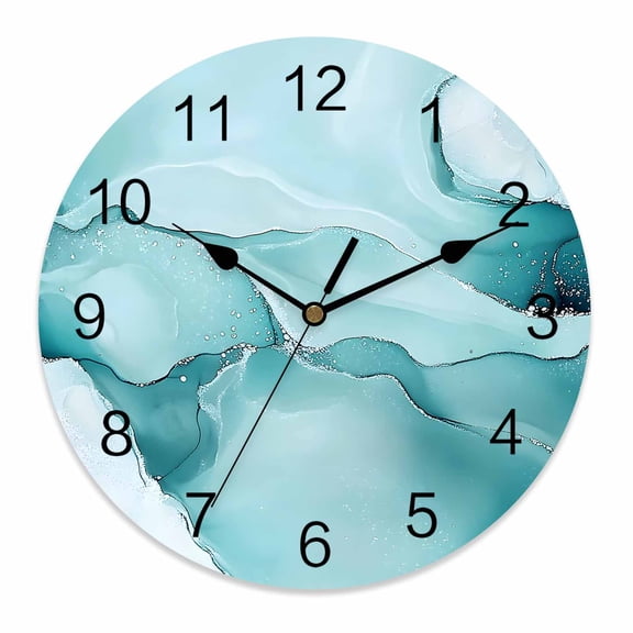 Wall Clock 12 Inch Teal Silver Marble Textured Round Silent Decorative Wall Clocks Battery Operated for Living Room Bedroom Kitchen Classroom Decor, Watercolor Abstract Modern Art,Large