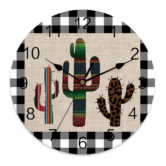 Wall Clock 12 Inch Tropical Cactus Round Silent Decorative Wall Clocks Battery Operated for Living Room Bedroom Kitchen Classroom Decor, Black Buffalo Check Plaid,Large