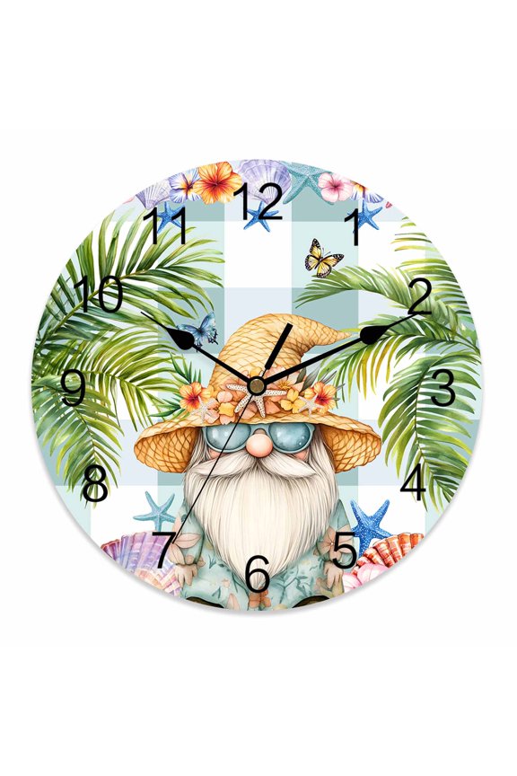 Wall Clock 12 Inch Tropical Coastal Round Silent Decorative Wall Clocks Battery Operated for Living Room Bedroom Kitchen Classroom Decor, Vintage Dwarf Shell Starfish Butterfly Palm Tree,Large