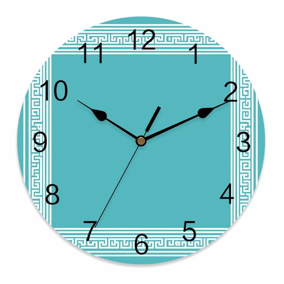 Wall Clock 12 Inch Turquoise White Greek Key Pattern Round Silent Decorative Wall Clocks Battery Operated for Living Room Bedroom Kitchen Classroom Decor, Geometric Modern,Large