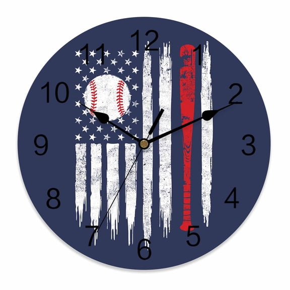 Wall Clock 12 Inch U.S. Flag Baseball Round Silent Decorative Wall Clocks Battery Operated for Living Room Bedroom Kitchen Classroom Decor, Navy Blue,Large