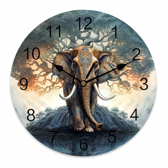 Wall Clock 12 Inch Vintage Boho Elephants Trees Round Silent Decorative Wall Clocks Battery Operated for Living Room Bedroom Kitchen Classroom Decor, Chocolate Brown Blue,Large