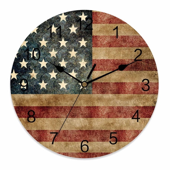 Wall Clock 12 Inch Vintage USA American Flag Round Silent Decorative Wall Clocks Battery Operated for Living Room Bedroom Kitchen Classroom Decor, Patriotic Star Stripes,Large