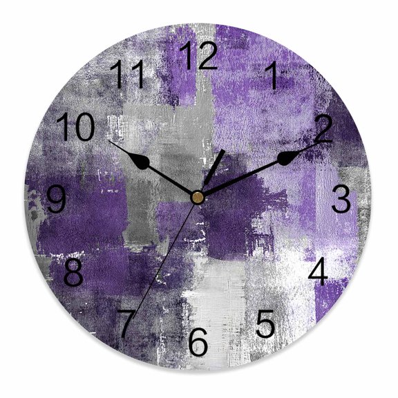 Wall Clock 12 Inch Violet Purple Gray Graffiti Block Round Silent Decorative Wall Clocks Battery Operated for Living Room Bedroom Kitchen Classroom Decor, Modern Abstract Texture Art,Large