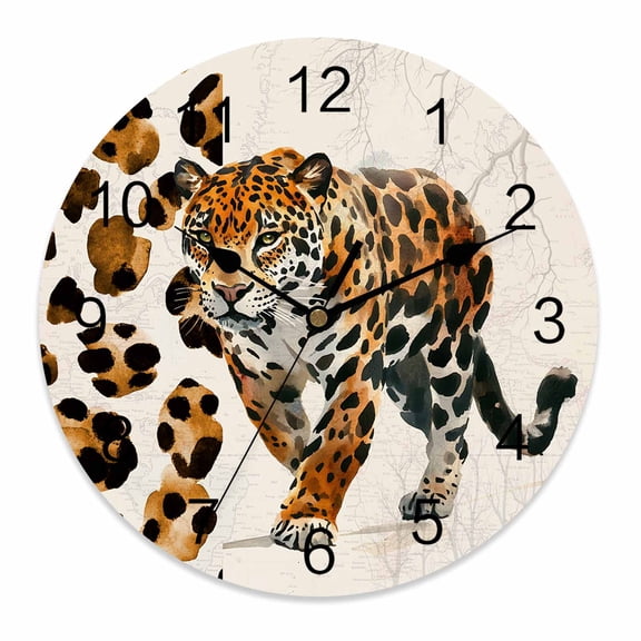 Wall Clock 12 Inch Watercolor Animal Round Silent Decorative Wall Clocks Battery Operated for Living Room Bedroom Kitchen Classroom Decor, Retro Stitching Leopard Print Brown,Large