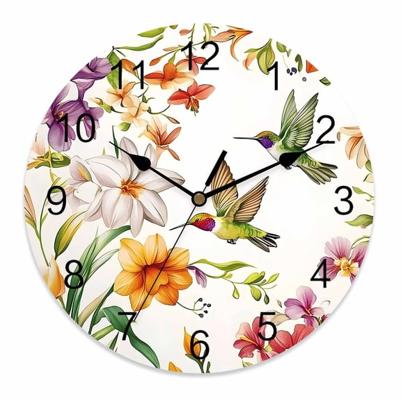 Wall Clock 12 Inch Watercolor Hummingbird Flowers Round Silent Decorative Wall Clocks Battery Operated for Living Room Bedroom Kitchen Classroom Decor, Retro Floral Leaf,Large