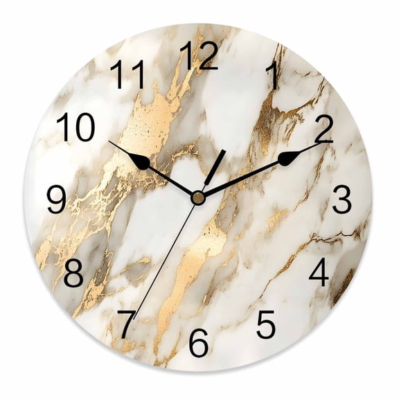 Wall Clock 12 Inch White and Gold Marble Texture Round Silent Decorative Wall Clocks Battery Operated for Living Room Bedroom Kitchen Classroom Decor, Abstract Lines,Large