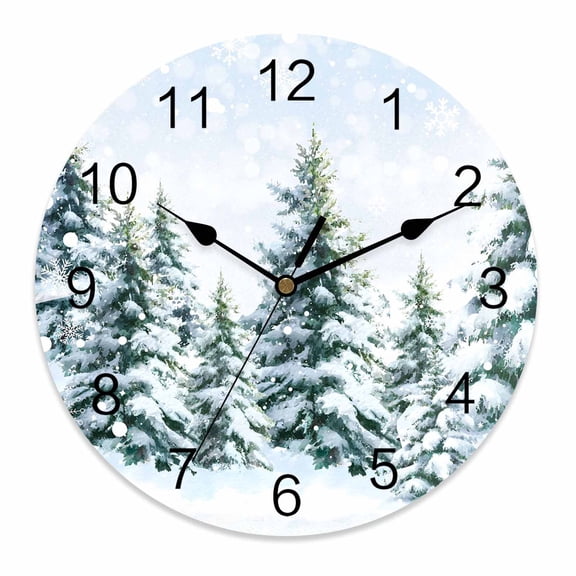 Wall Clock 12 Inch Winter Snowy Pine Forests Round Silent Decorative Wall Clocks Battery Operated for Living Room Bedroom Kitchen Classroom Decor, Blue White,Large