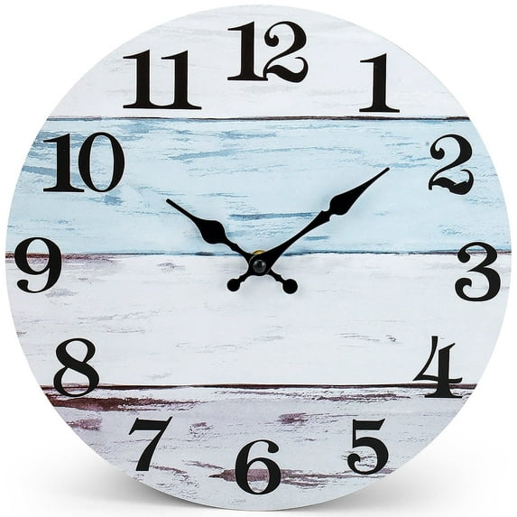 Wall Clock 12 Inch, blue-white Vintage Rustic Wood Grain Clocks Battery Operated Silent Non Ticking for Kitchen Bathroom, Living Room, Bedrooms, Dining Room, Office