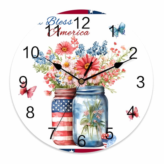Wall Clock 14 Inch 4th of July Round Silent Decorative Wall Clocks Battery Operated for Living Room Bedroom Kitchen Classroom Decor, Patriotic Memorial Day God Bless America,Large