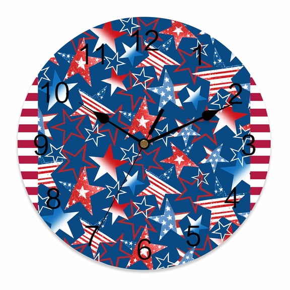 Wall Clock 14 Inch 4th of July Round Silent Decorative Wall Clocks Battery Operated for Living Room Bedroom Kitchen Classroom Decor, Patriotic Memorial Day Red Blue Stripesd Stars,Large