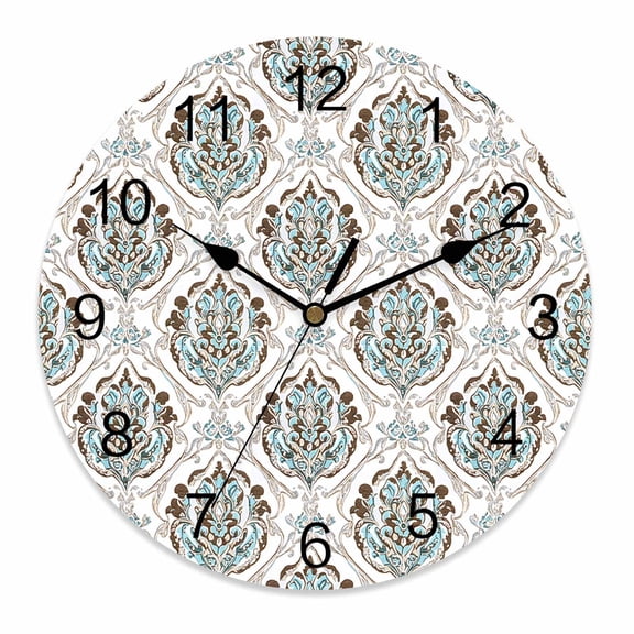 Wall Clock 14 Inch Abstract Vintage Paisley Round Silent Decorative Wall Clocks Battery Operated for Living Room Bedroom Kitchen Classroom Decor, Boho Floral Texture Turquoise Beige,Large