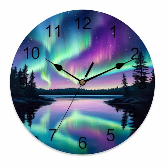 Wall Clock 14 Inch Aurora Night Sky Round Silent Decorative Wall Clocks Battery Operated for Living Room Bedroom Kitchen Classroom Decor, Nature Scenery,Large
