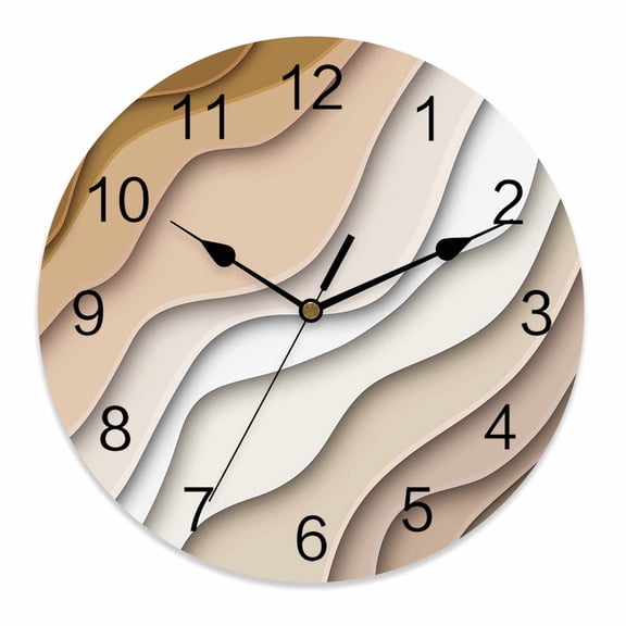 Wall Clock 14 Inch Beige Brown Beach Coastal Round Silent Decorative Wall Clocks Battery Operated for Living Room Bedroom Kitchen Classroom Decor, Abstract Geometric Ocean Waves,Large