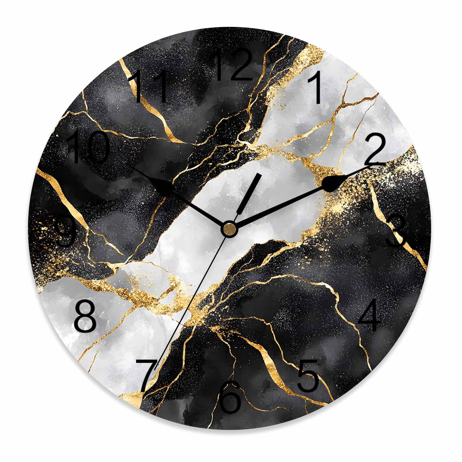 Wall Clock 14 Inch Black And White Gold Round Silent Decorative Wall ...