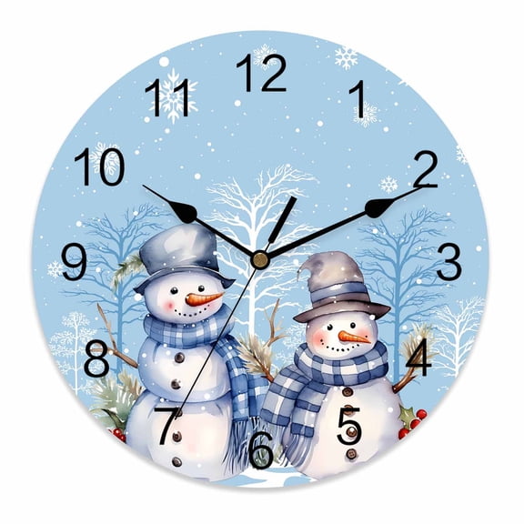 Wall Clock 14 Inch Blue Christmas Snowman Friends Round Silent Decorative Wall Clocks Battery Operated for Living Room Bedroom Kitchen Classroom Decor, Winter Trees Snowflakes,Large