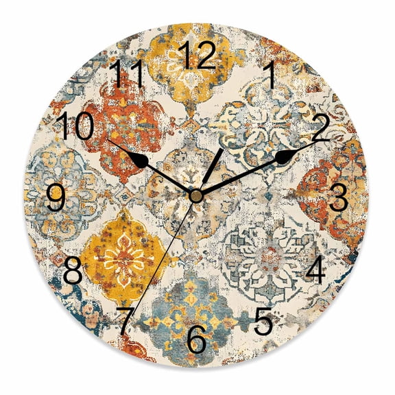 Wall Clock 14 Inch Boho Retro Round Silent Decorative Wall Clocks Battery Operated for Living Room Bedroom Kitchen Classroom Decor, Ethnic Tribal Floral Pattern Yellow Orange Beige,Large