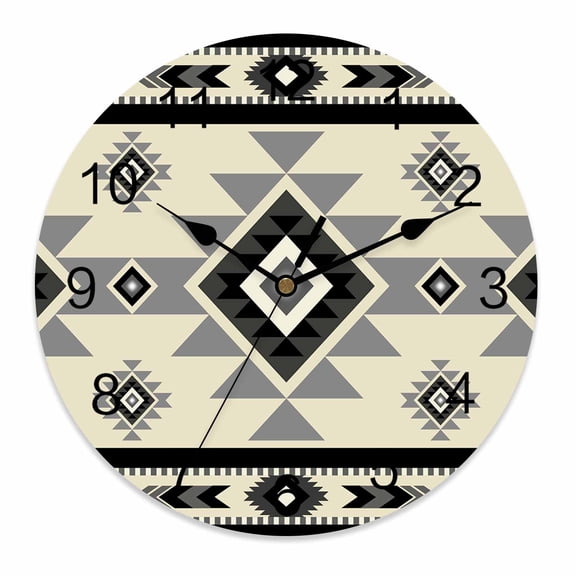 Wall Clock 14 Inch Boho Southwest Round Silent Decorative Wall Clocks Battery Operated for Living Room Bedroom Kitchen Classroom Decor, Aztec Tribal Retro Geometric Patterns Gray,Large