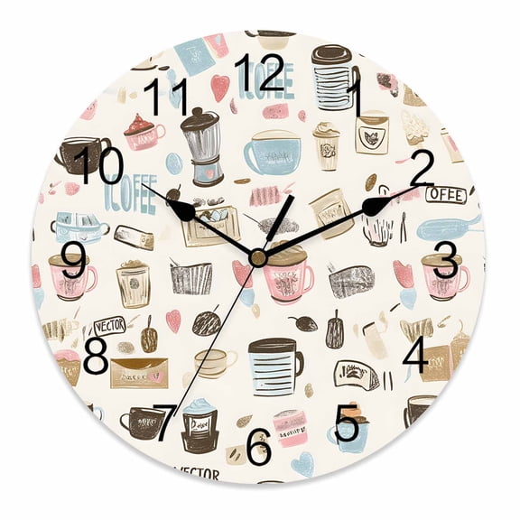 Wall Clock 14 Inch Cartoon Coffee Round Silent Decorative Wall Clocks Battery Operated for Living Room Bedroom Kitchen Classroom Decor, Gift for Coffee Lover,Large