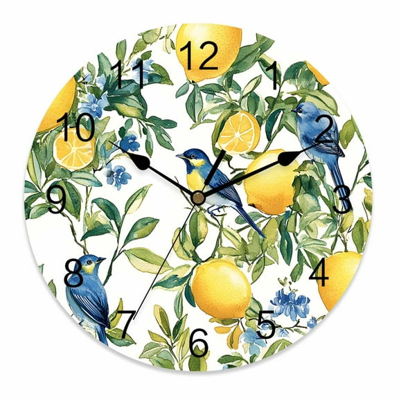 Wall Clock 14 Inch Chinoiserie Tropical Round Silent Decorative Wall Clocks Battery Operated for Living Room Bedroom Kitchen Classroom Decor, Yellow Lemon Blue Bird Pattern,Large